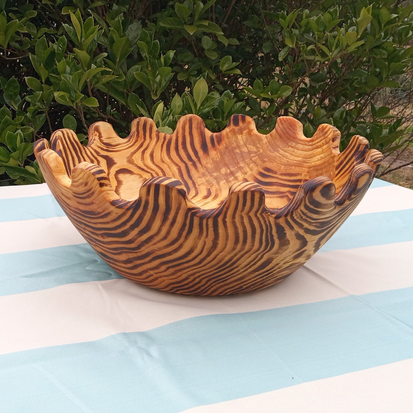 Large Handmade Wood Salad Bowl - 15" Curved Edge Wooden Serving Bowl - Striped Wood Centerpiece for the Table - Charred Pine Wood Fruit Bowl