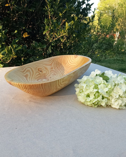 21" Pine Wood Dough Bowl for Table Centerpiece -  Hand Carved Wooden Trencher - Long Trough for Fruit or Country Farmhouse Decorating