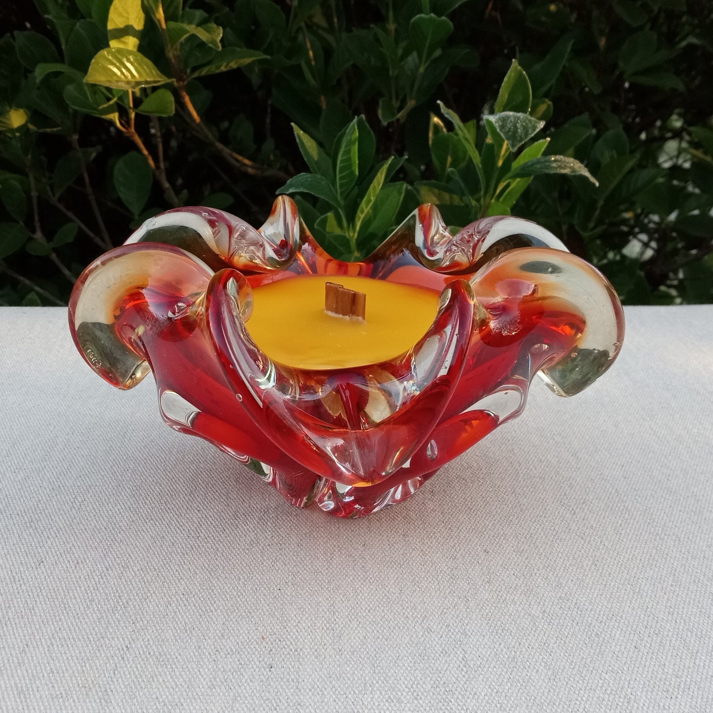 Glass Blown Bowl Beeswax Candle with a Wood Wick - Unique Candle Centerpiece for the Table - Red Decor Candle - Handcrafted Gifts for Home