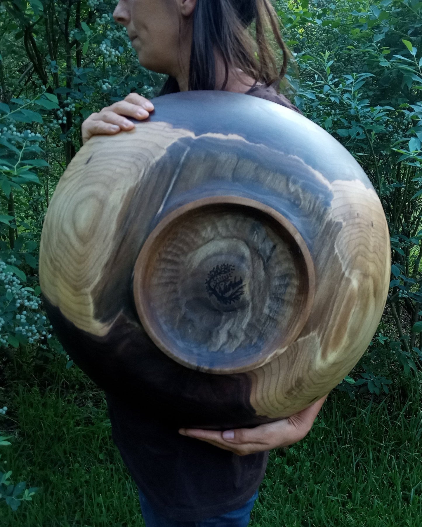 20" Black Walnut Wood Bowl - OOAK Handmade Wooden Salad Serving Bowl - Oversized Turned Wood Centerpiece - Natural Edge Wood Pedestal Bowl