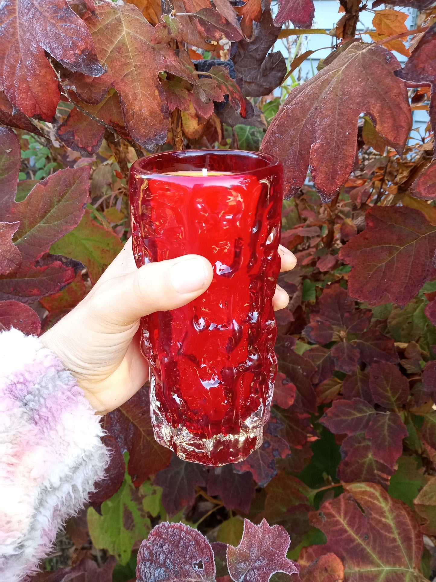 8oz Beeswax Candle in Red Glass Blown Cup - Long-lasting Essential Oil Candle with Cedarwood & Clove - Handcrafted Natural Wax Candle Gift