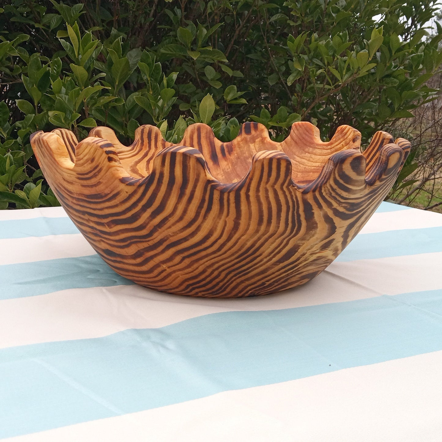 Large Handmade Wood Salad Bowl - 15" Curved Edge Wooden Serving Bowl - Striped Wood Centerpiece for the Table - Charred Pine Wood Fruit Bowl