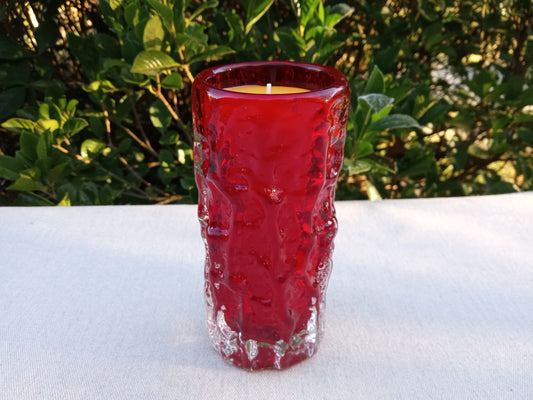 8oz Beeswax Candle in Red Glass Blown Cup - Long-lasting Essential Oil Candle with Cedarwood & Clove - Handcrafted Natural Wax Candle Gift