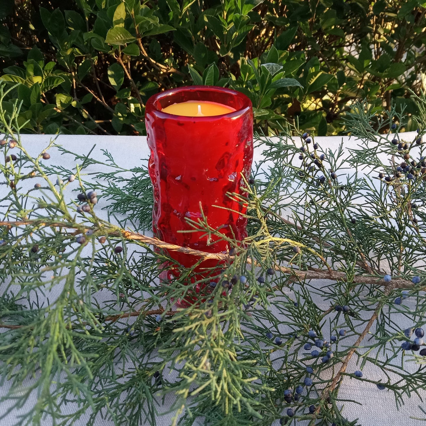 8oz Beeswax Candle in Red Glass Blown Cup - Long-lasting Essential Oil Candle with Cedarwood & Clove - Handcrafted Natural Wax Candle Gift