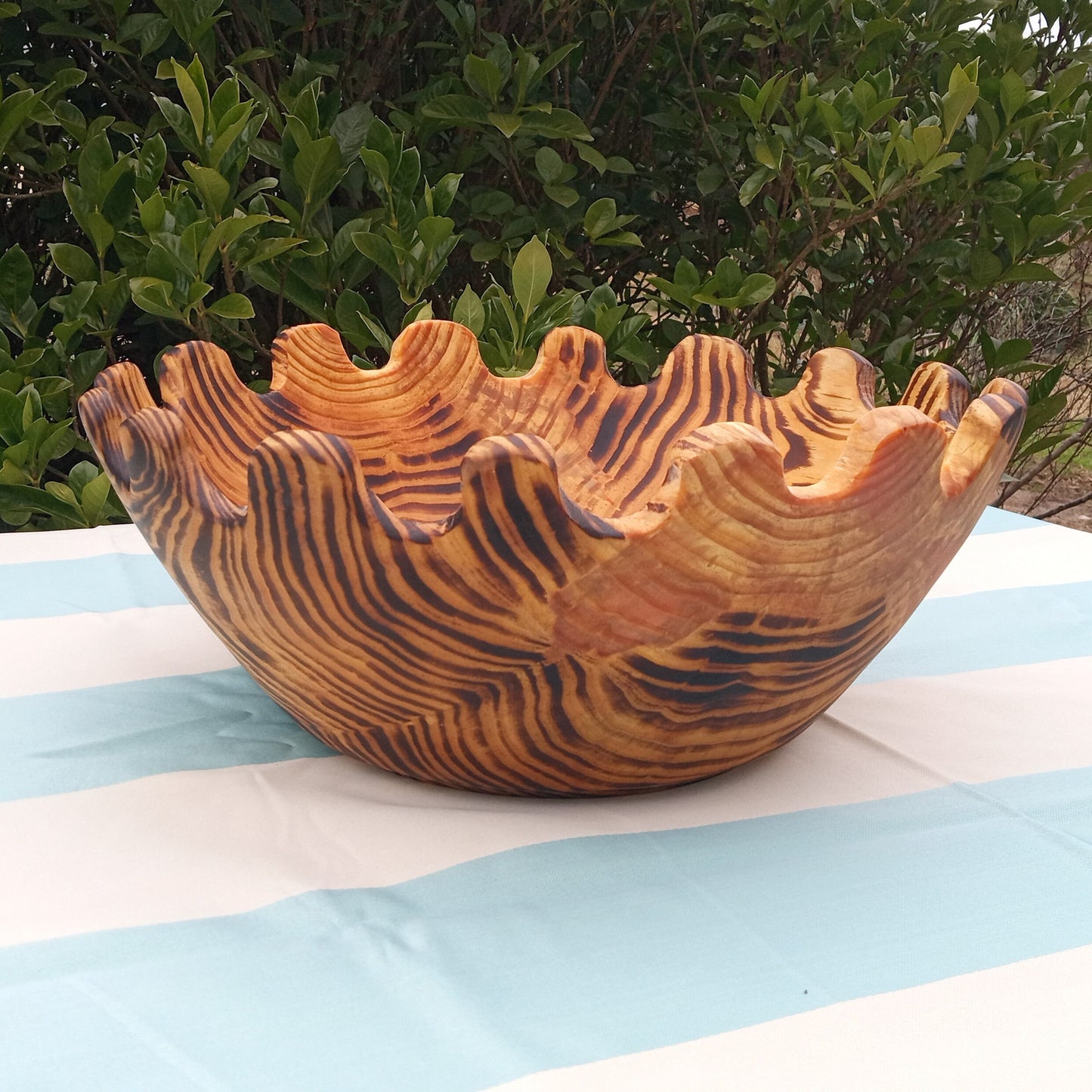 Large Handmade Wood Salad Bowl - 15" Curved Edge Wooden Serving Bowl - Striped Wood Centerpiece for the Table - Charred Pine Wood Fruit Bowl