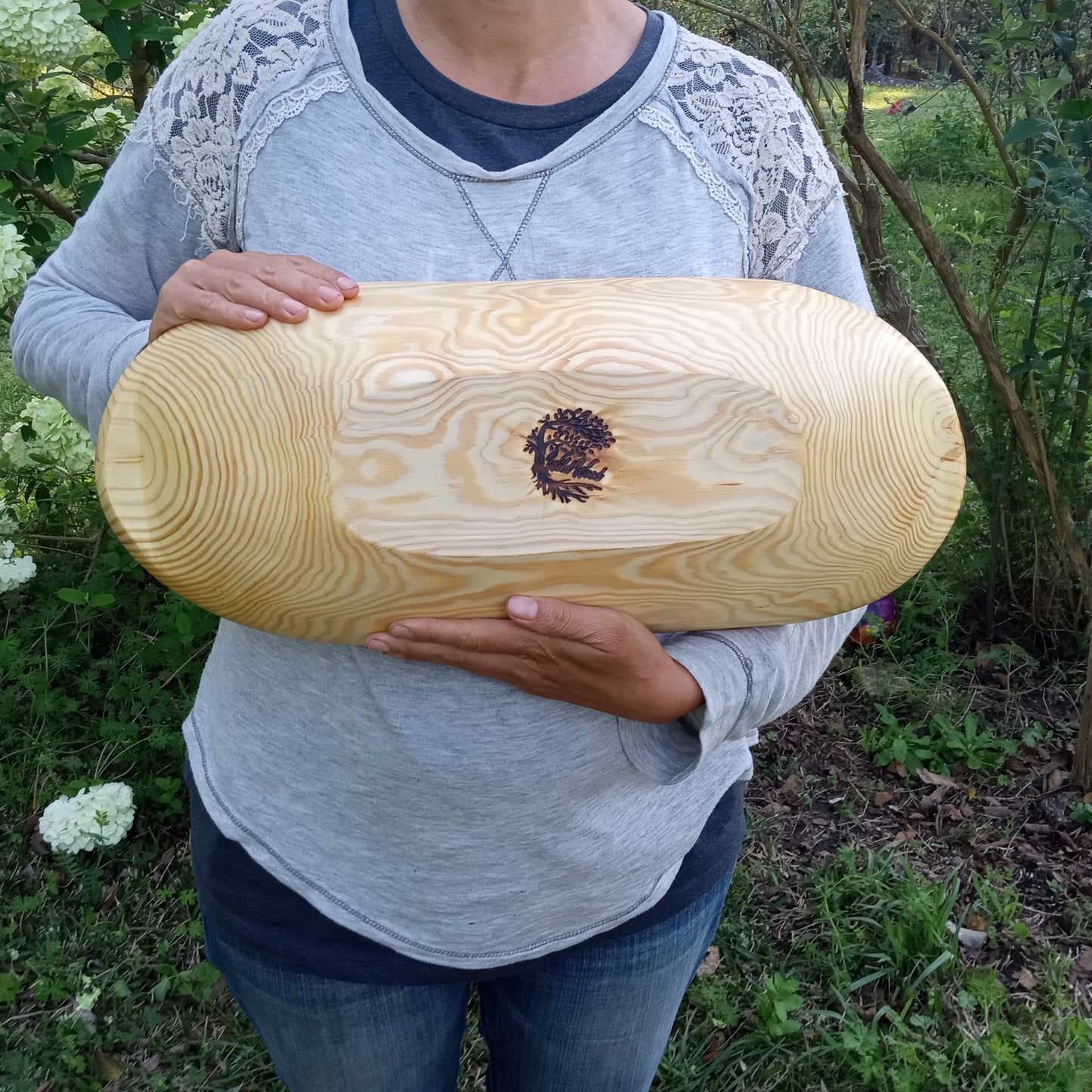 21" Pine Wood Dough Bowl for Table Centerpiece -  Hand Carved Wooden Trencher - Long Trough for Fruit or Country Farmhouse Decorating