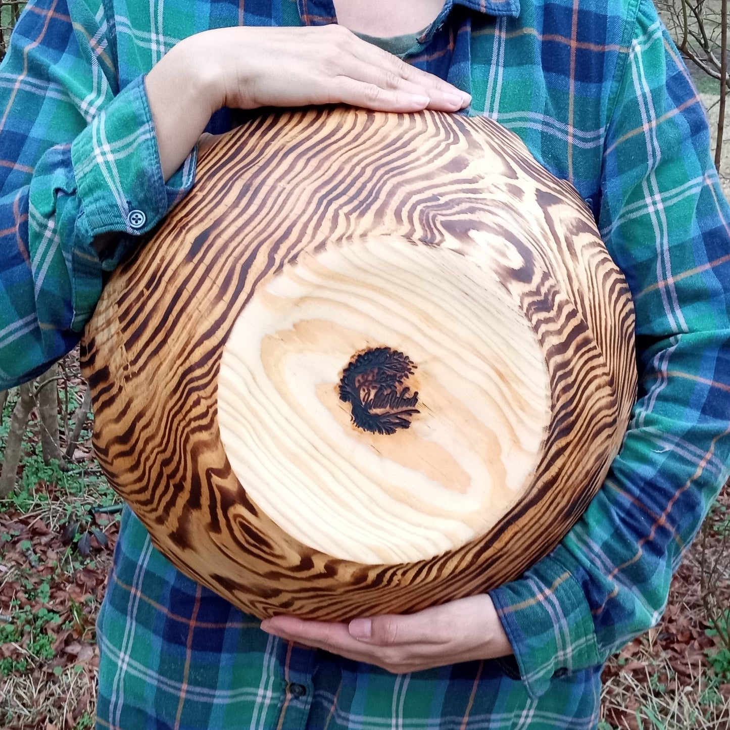 Large Handmade Wood Salad Bowl - 15" Curved Edge Wooden Serving Bowl - Striped Wood Centerpiece for the Table - Charred Pine Wood Fruit Bowl