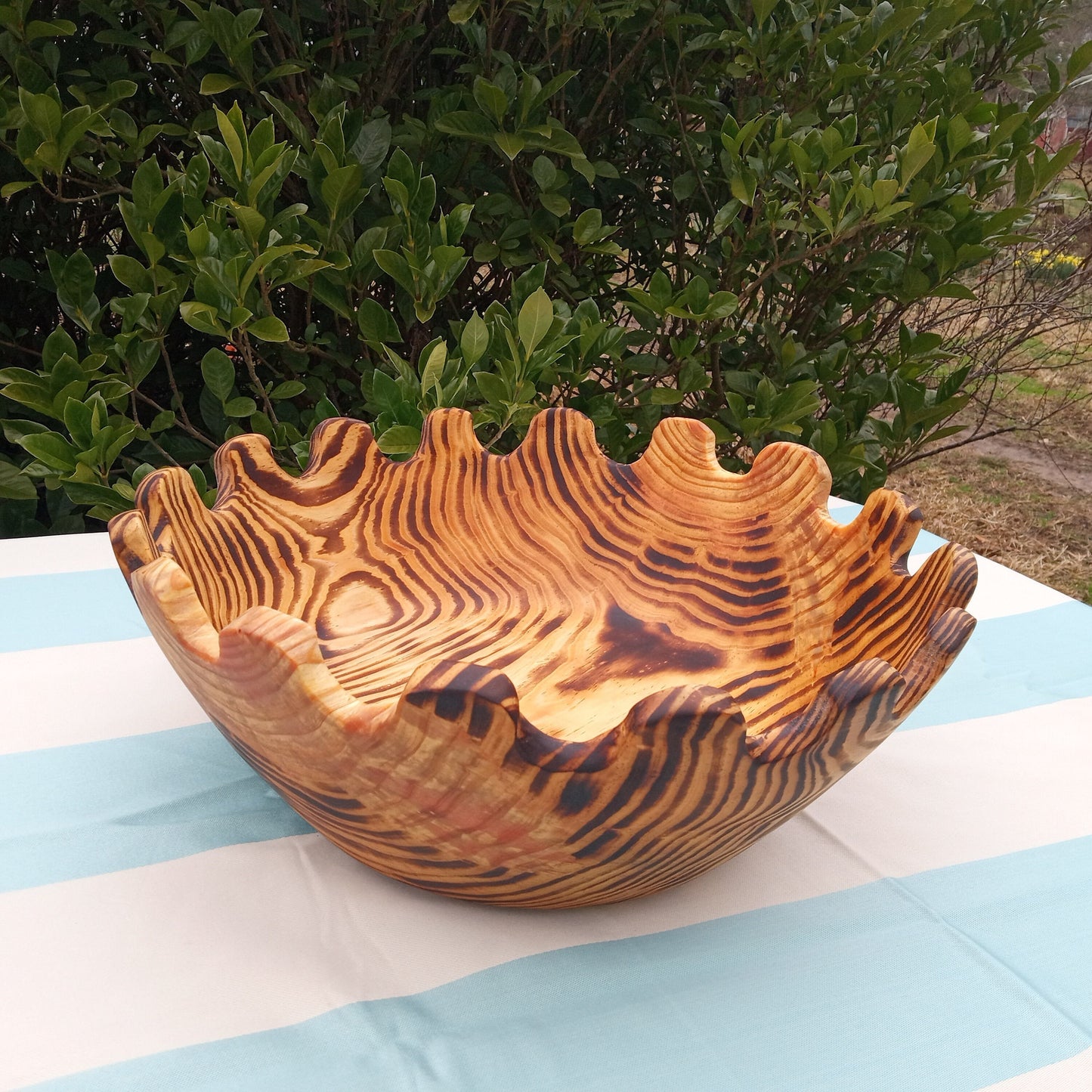 Large Handmade Wood Salad Bowl - 15" Curved Edge Wooden Serving Bowl - Striped Wood Centerpiece for the Table - Charred Pine Wood Fruit Bowl