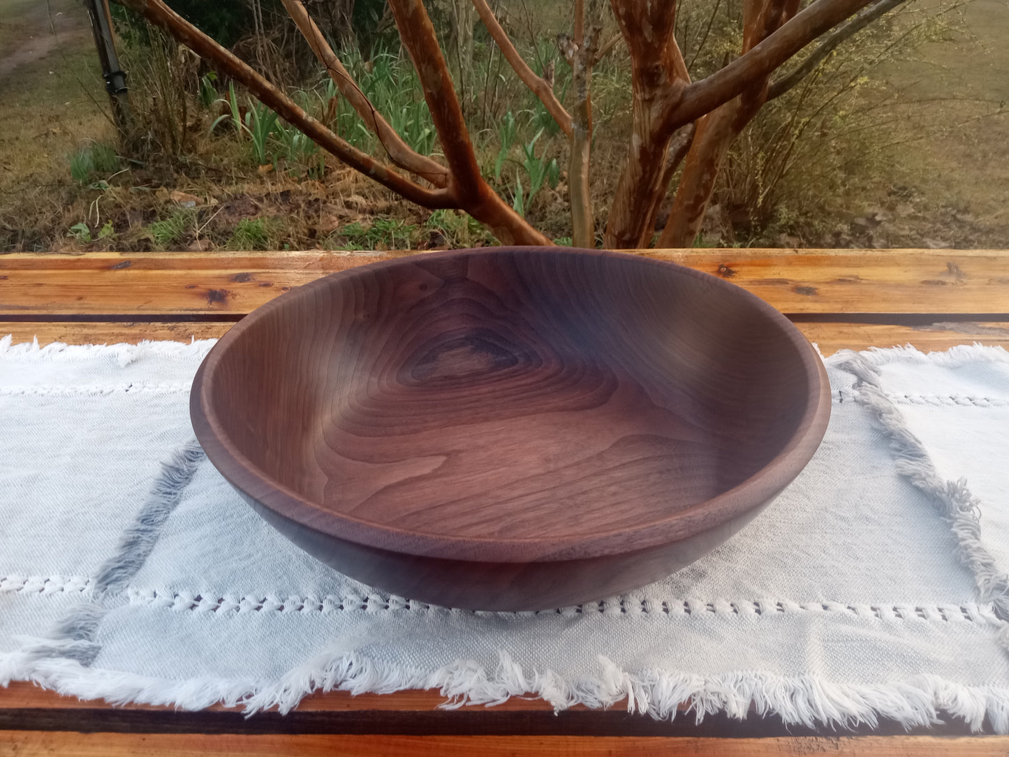 14" Black Walnut Wood Bowl - Large Handcrafted Shallow Wooden Salad Bowl - Handmade Anniversary Gift