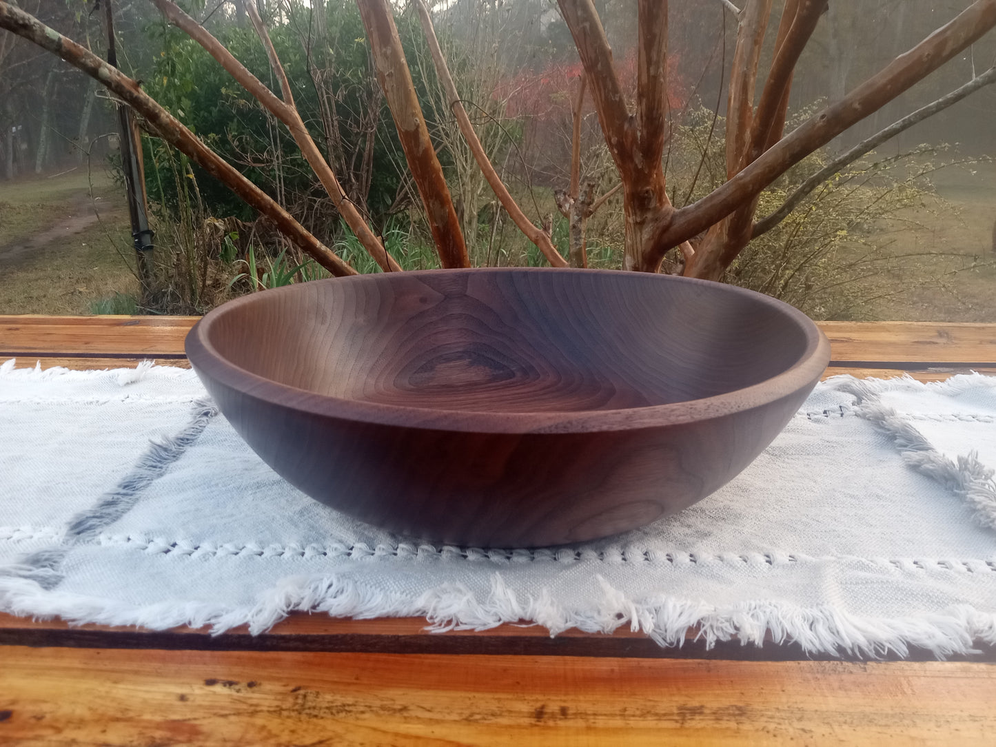 14" Black Walnut Wood Bowl - Large Handcrafted Shallow Wooden Salad Bowl - Handmade Anniversary Gift