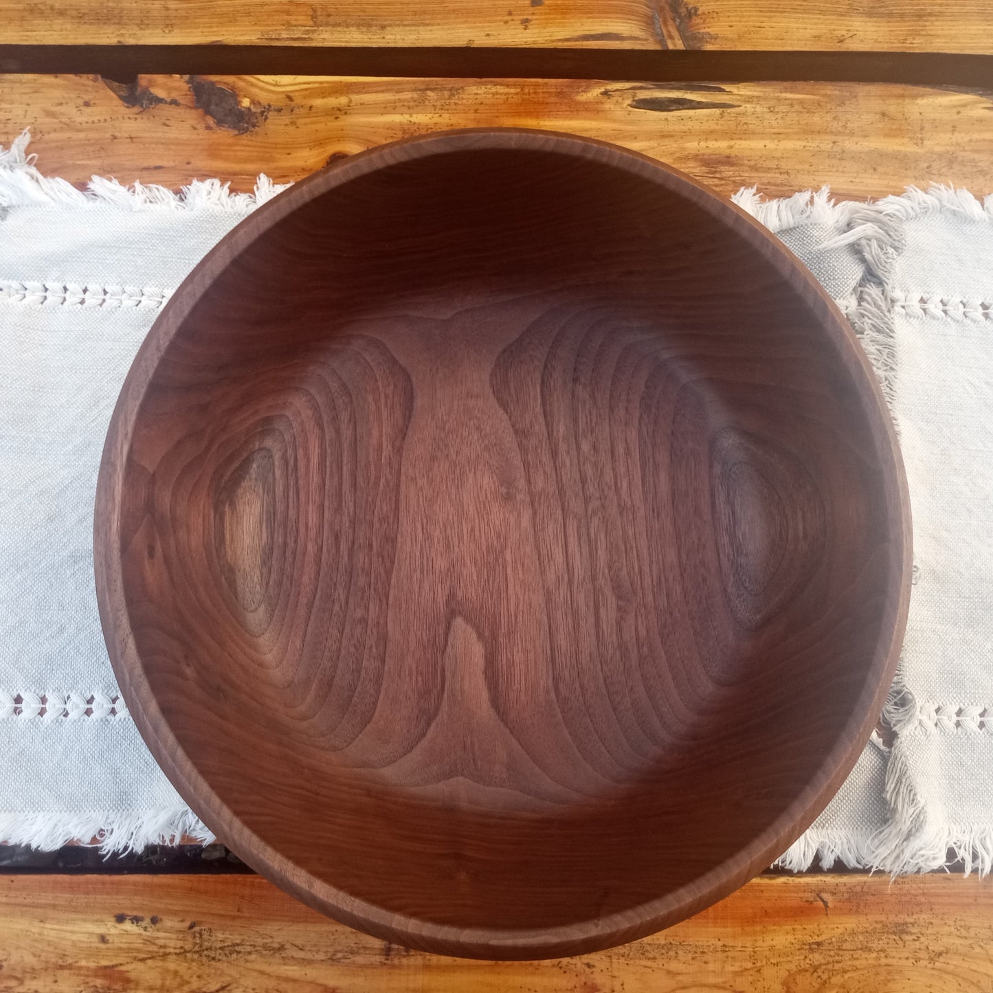 14" Black Walnut Wood Bowl - Large Handcrafted Shallow Wooden Salad Bowl - Handmade Anniversary Gift