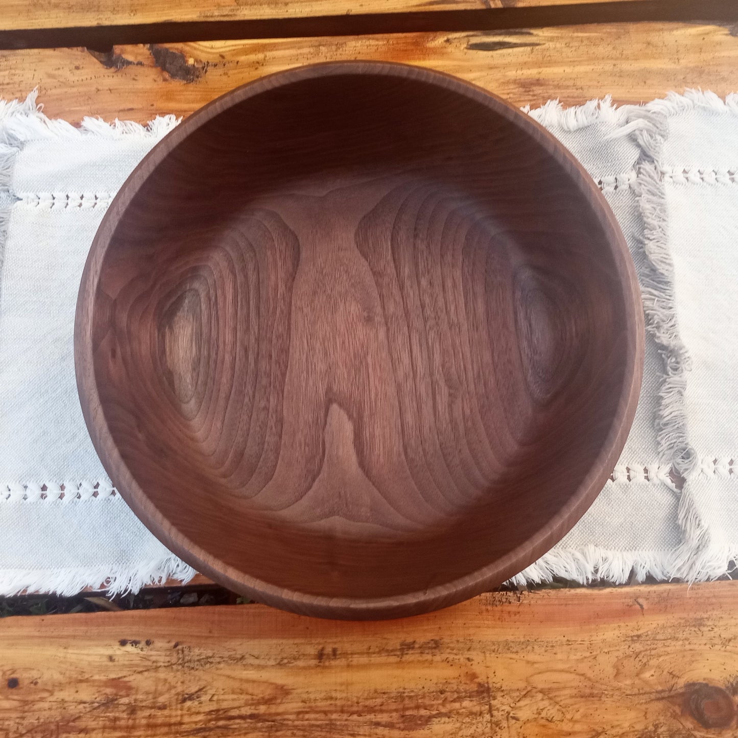 14" Black Walnut Wood Bowl - Large Handcrafted Shallow Wooden Salad Bowl - Handmade Anniversary Gift