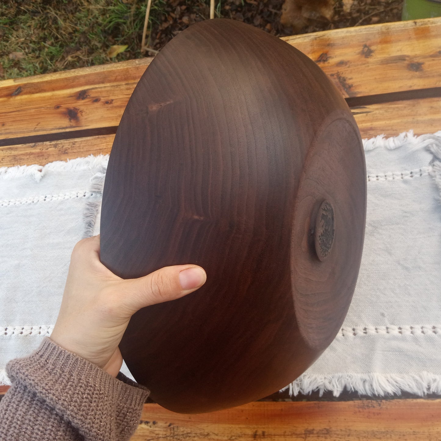 14" Black Walnut Wood Bowl - Large Handcrafted Shallow Wooden Salad Bowl - Handmade Anniversary Gift