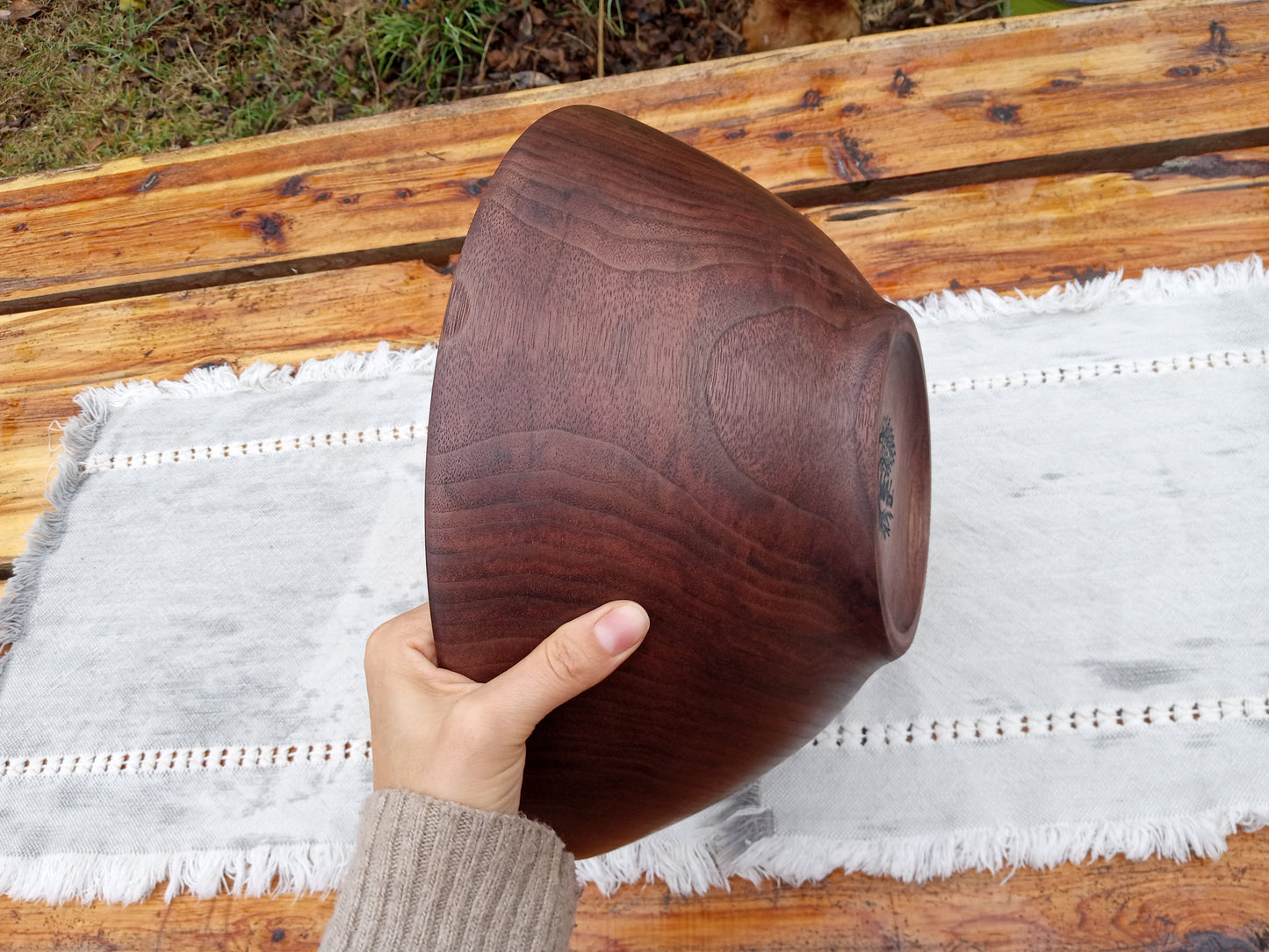 12" Walnut Wood Salad Bowl - Large Handcrafted Wooden Salad Serving Bowl - Handmade Anniversary Gift