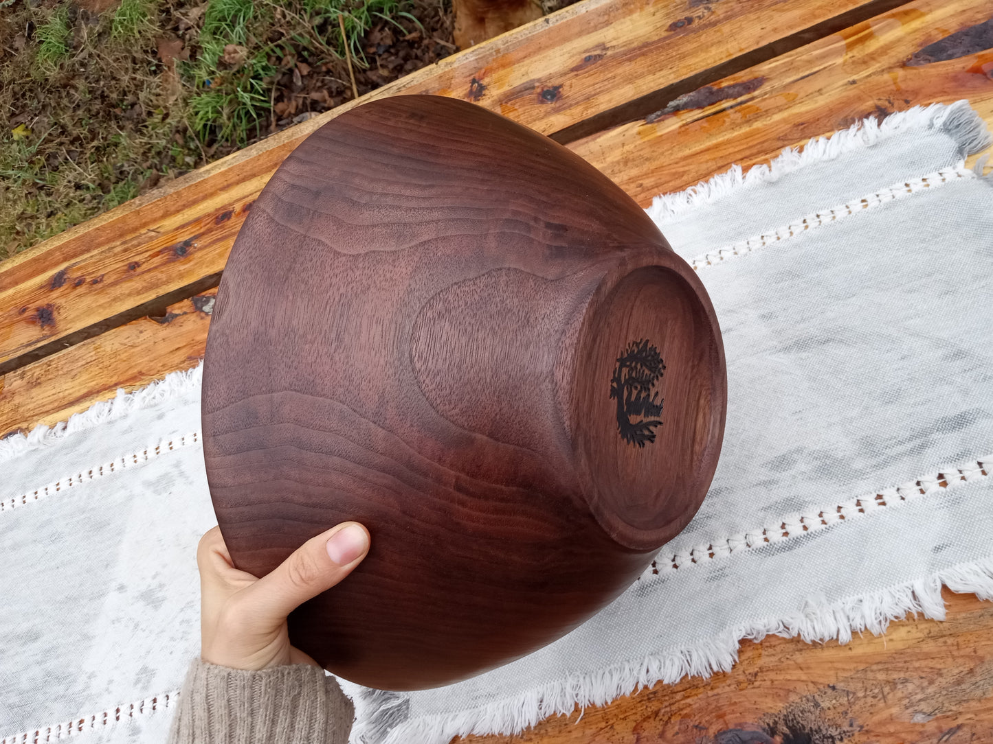 12" Walnut Wood Salad Bowl - Large Handcrafted Wooden Salad Serving Bowl - Handmade Anniversary Gift