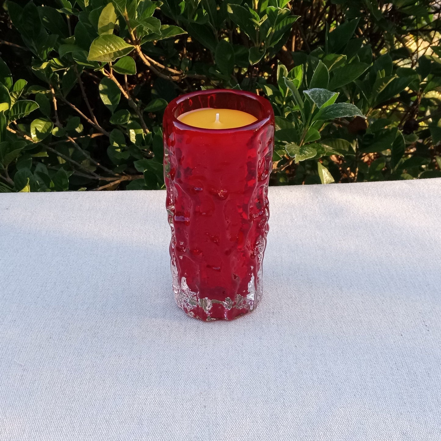 8oz Beeswax Candle in Red Glass Blown Cup - Long-lasting Essential Oil Candle with Cedarwood & Clove - Handcrafted Natural Wax Candle Gift