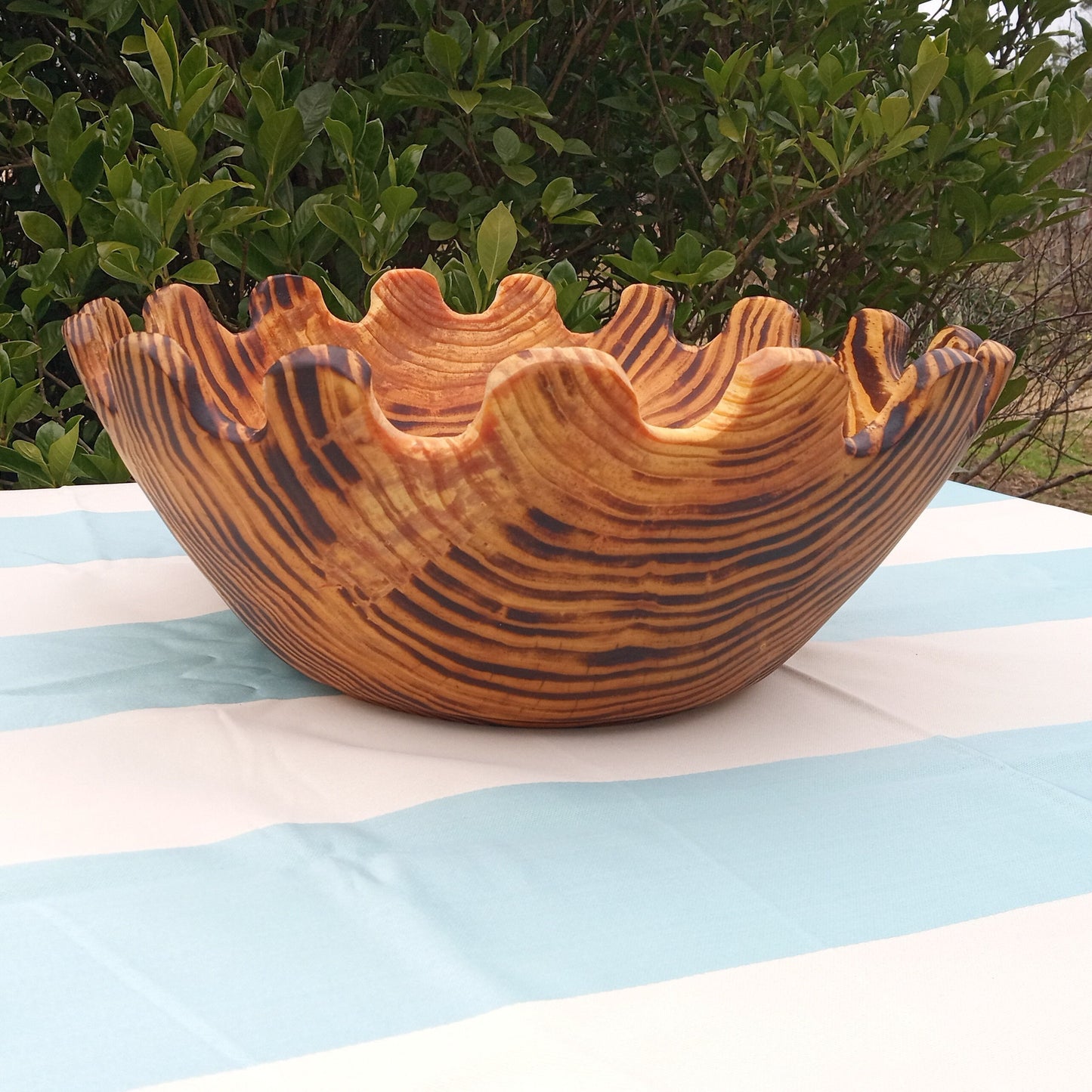 Large Handmade Wood Salad Bowl - 15" Curved Edge Wooden Serving Bowl - Striped Wood Centerpiece for the Table - Charred Pine Wood Fruit Bowl