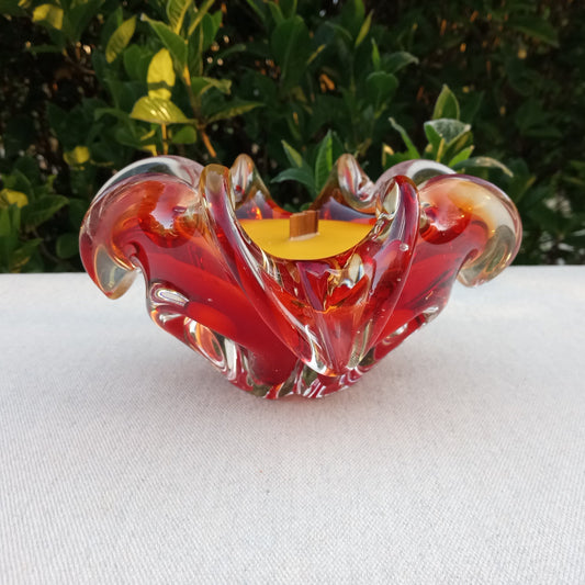 Glass Blown Bowl Beeswax Candle with a Wood Wick - Unique Candle Centerpiece for the Table - Red Decor Candle - Handcrafted Gifts for Home