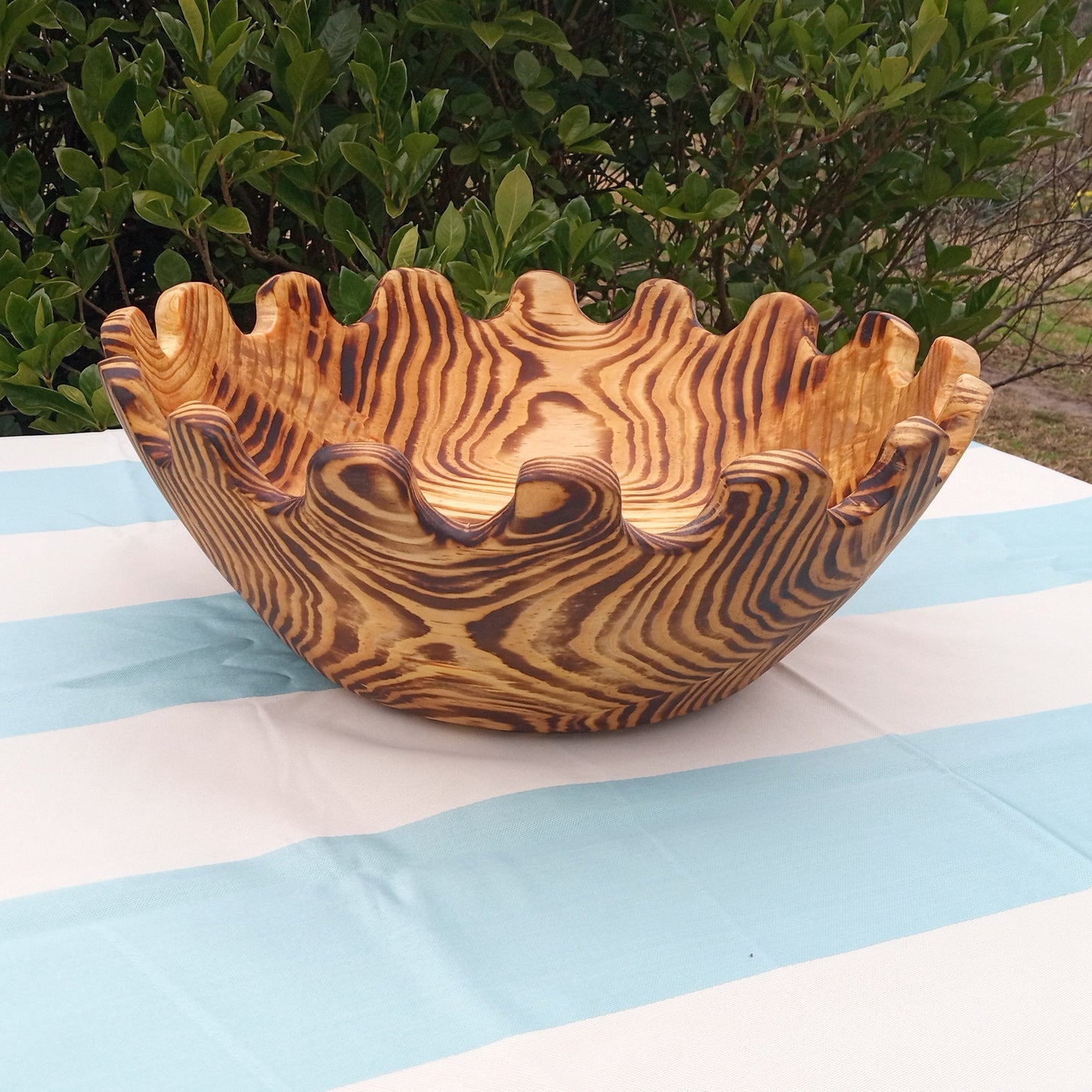 Large Handmade Wood Salad Bowl - 15" Curved Edge Wooden Serving Bowl - Striped Wood Centerpiece for the Table - Charred Pine Wood Fruit Bowl