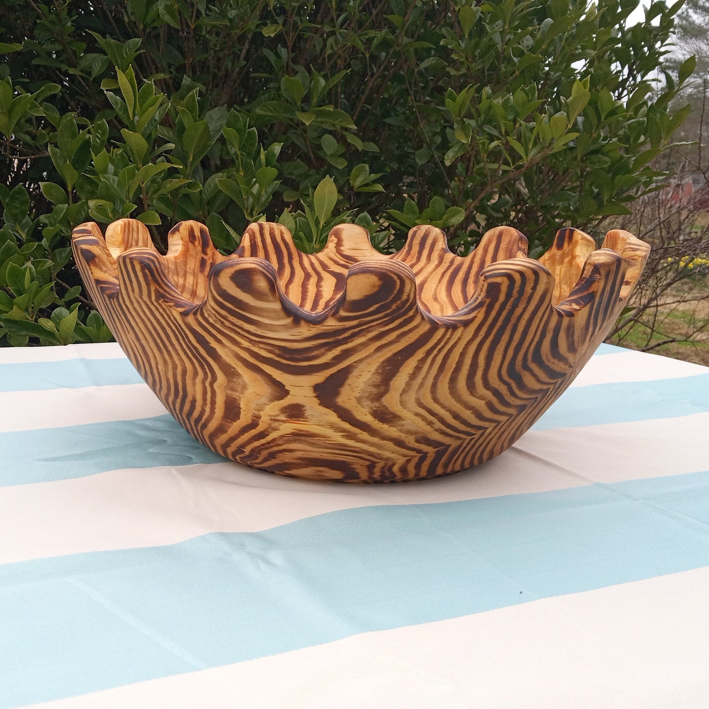 Large Handmade Wood Salad Bowl - 15" Curved Edge Wooden Serving Bowl - Striped Wood Centerpiece for the Table - Charred Pine Wood Fruit Bowl