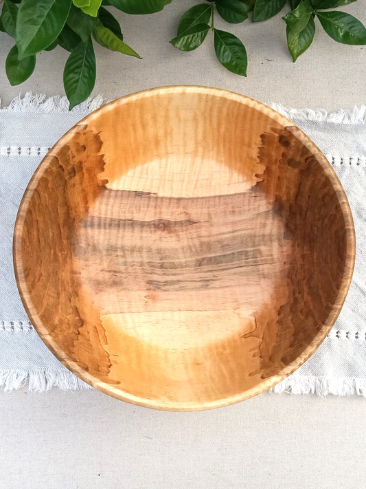 Stunning Curly Maple Wood Bowl - Handcrafted Centerpiece for the Table - 14" Natural Edge Wooden Salad Serving Bowl - Artistic Decor Gifts